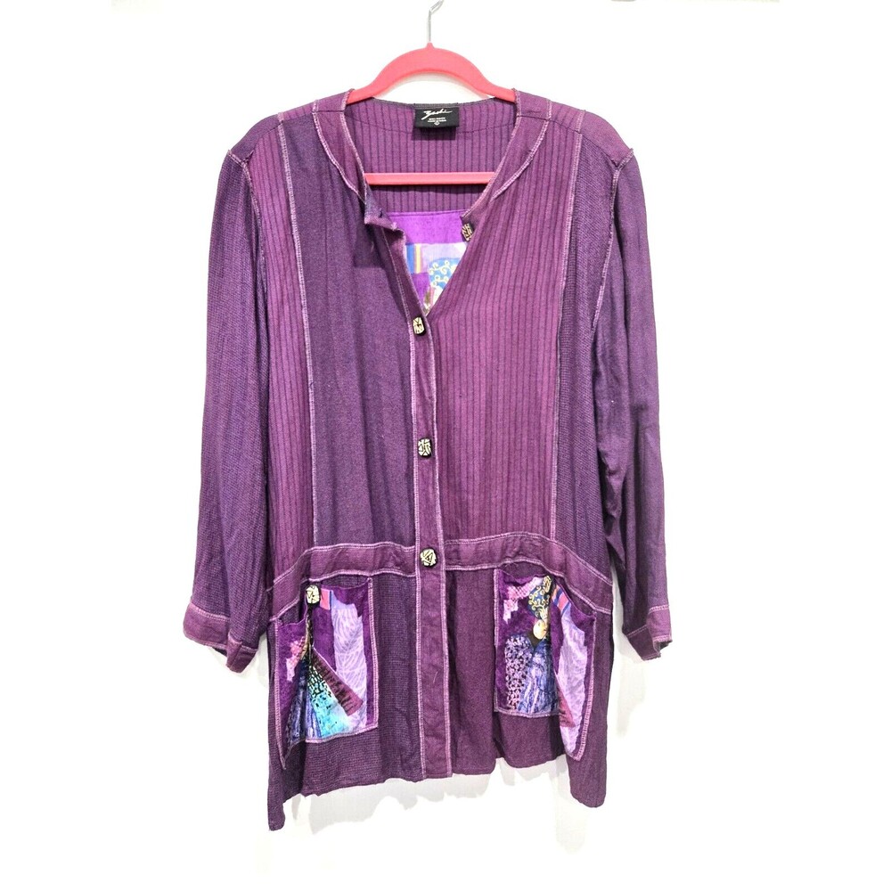 Zashi vintage Button up 100% rayon purple boho Wearable art panels unique L